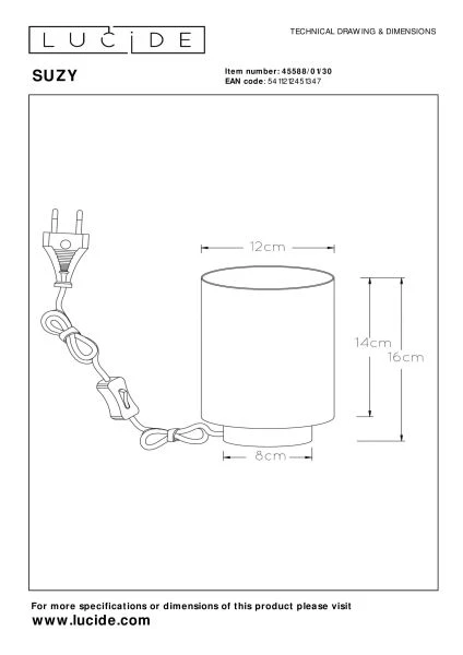 Lucide SUZY - Lámpara de mesa - Ø 12 cm - 1xE14 - Negro - técnico